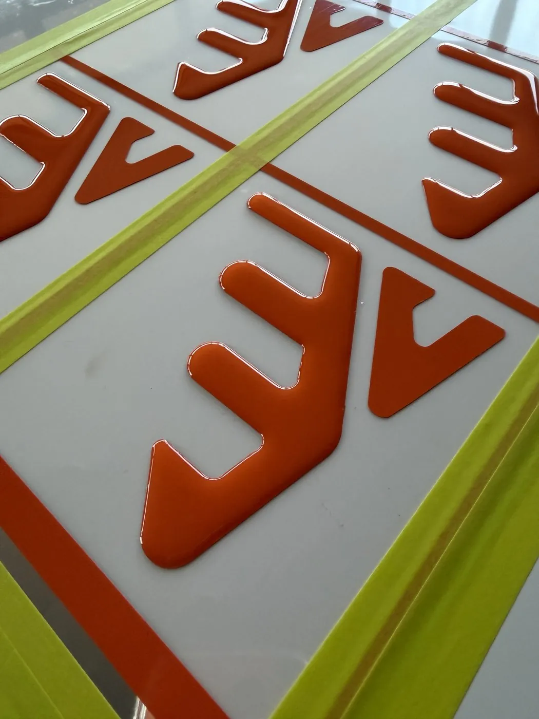 Close-up of glossy resin domed RFX decals