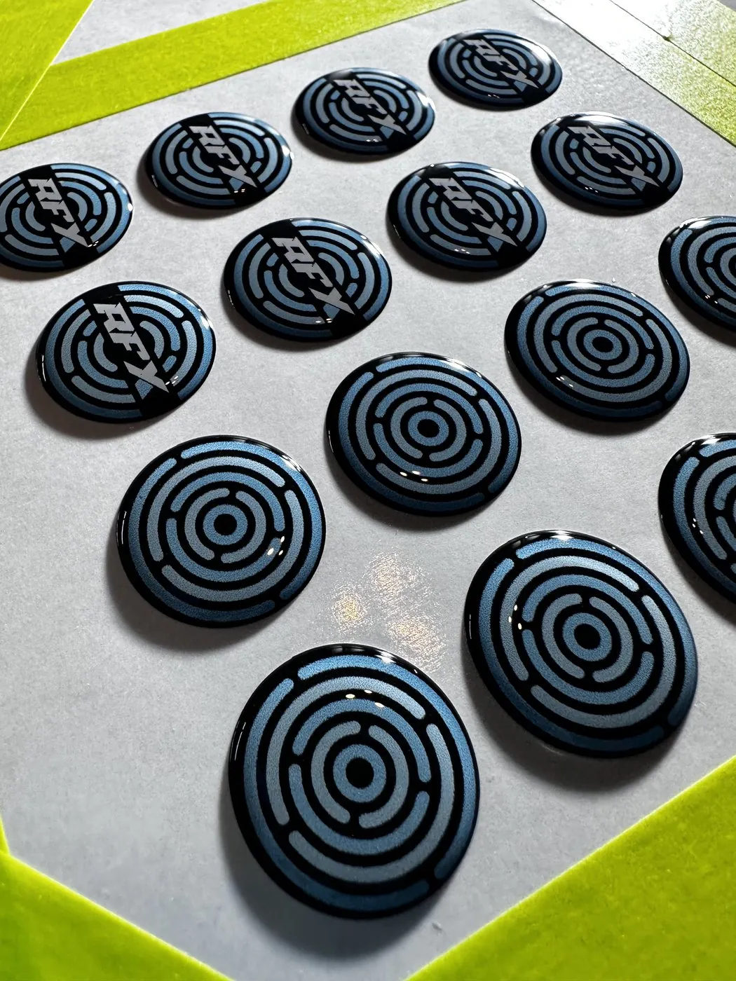 Domed RFX logo resin badges