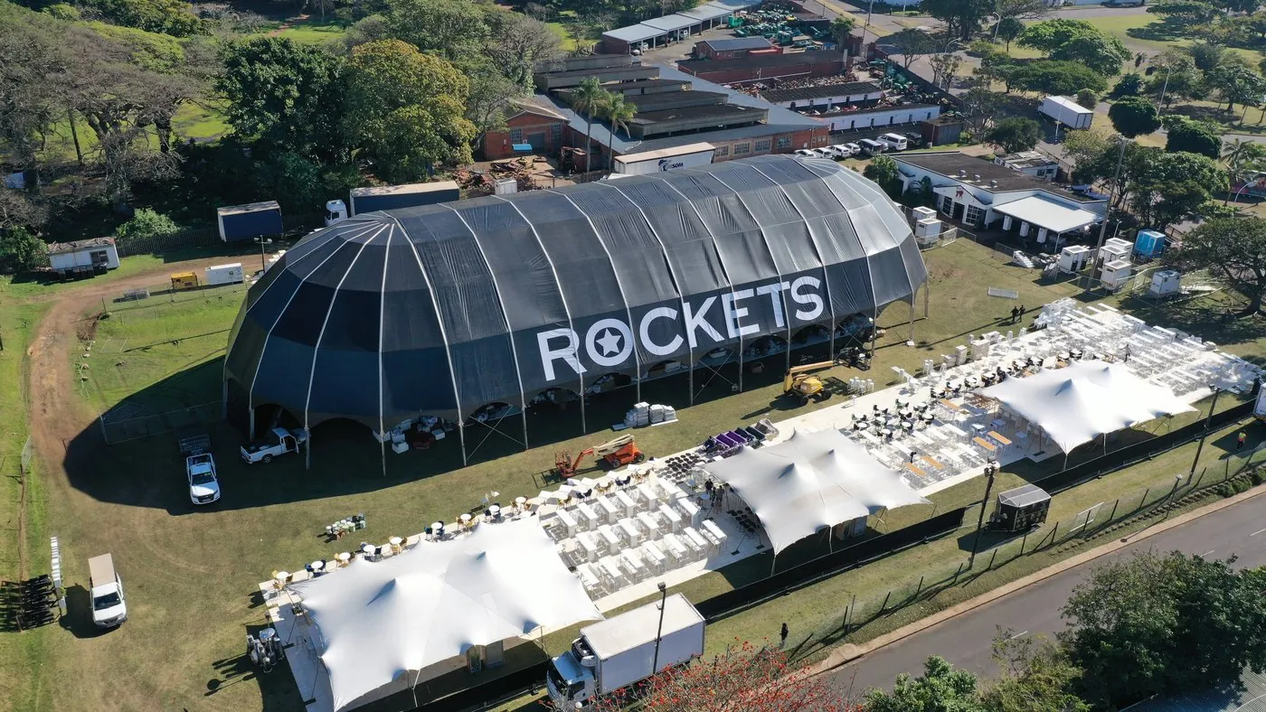 Rockets event dome tent branding aerial view