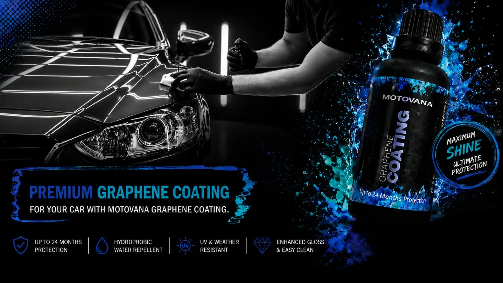 Motovana premium graphene coating — up to 24 months protection, hydrophobic, UV resistant, enhanced gloss