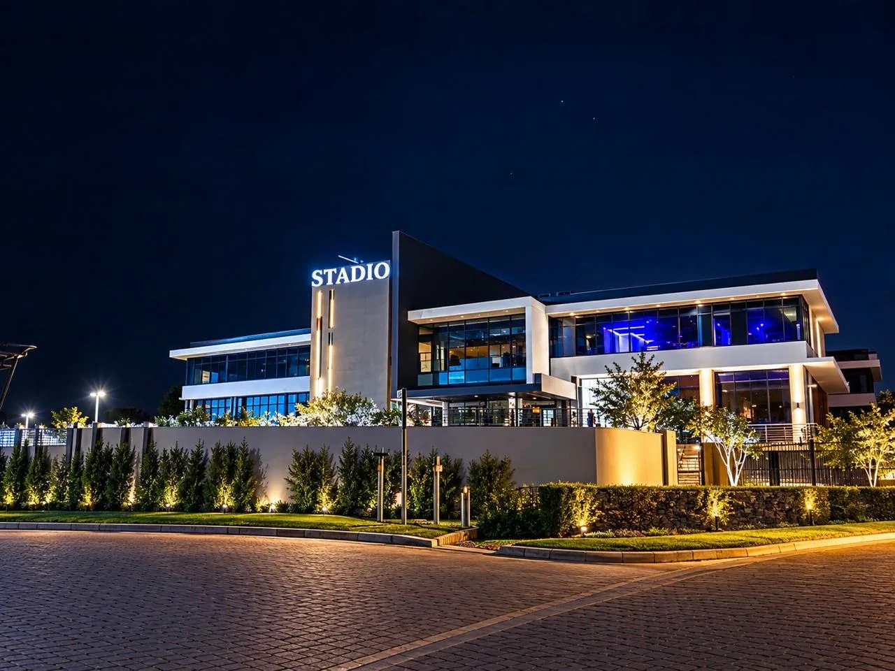 Illuminated STADIO building sign at night
